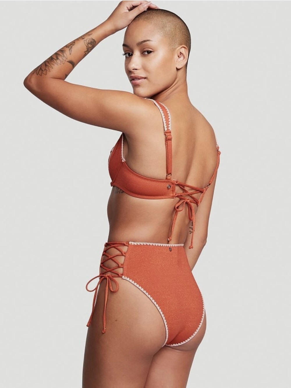 Victoria Secret Rust Orange High-Waist Lace-Up Bikini Set 38 B Top/Medium Bottom - Picture 3 of 7